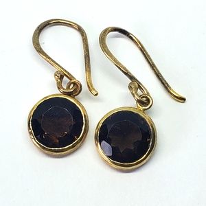 Gold Sterling Silver Smoky Quartz Round Bezel Dangle Earrings